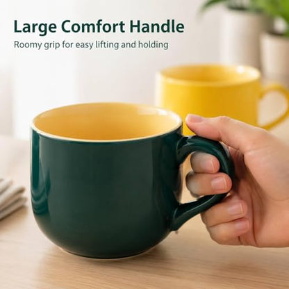 20 oz Ceramic Mug Set of 2, Yellow and Dark Green Oversized Coffee Cups for Tea, Soup, Cereal and Oatmeal, Wide Mouth Large Handle, Microwave Dishwasher Safe - color: 20 oz-Yellow&Dark green