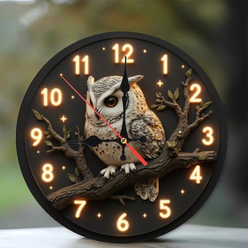 Vintage Owl Wall Clock with LED-Style Effect Design 10-Inch Wooden Wall Clock, Silent Movement, Artistic Home Decor - color: Owl, size: 10x10inch(25x25cm)