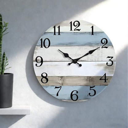 JoFomp 12 Inch Wall Clocks Battery Operated, Silent Wall Clock Non Ticking, Coastal Country Design Rustic Wall Clocks for Living Room Decor, Wooden Wall Clock for Bedroom Kitchen Bathroom - size: 12 Inch