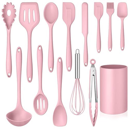 LIANYU 14 Pcs Silicone Cooking Utensils Set with Holder, Pink | Kitchen Utensils Set for Non-Stick Cookware, 446°F Heat Resistant Cooking Tools with Comfort Grip Handle, Dishwasher safe - color: Pink