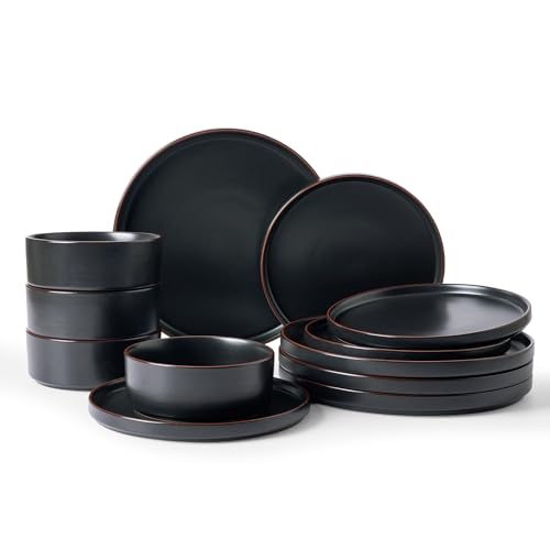 Famiware Nebula Ridge 12-Piece Stoneware Dinnerware Set, Matte Black | Plates and Bowls for 4, Warm Hand-Painted Rims, Microwave and Dishwasher Safe, Daily Essentials - color: Matte Black, size: Service for 4 (Standard Dinner Set)