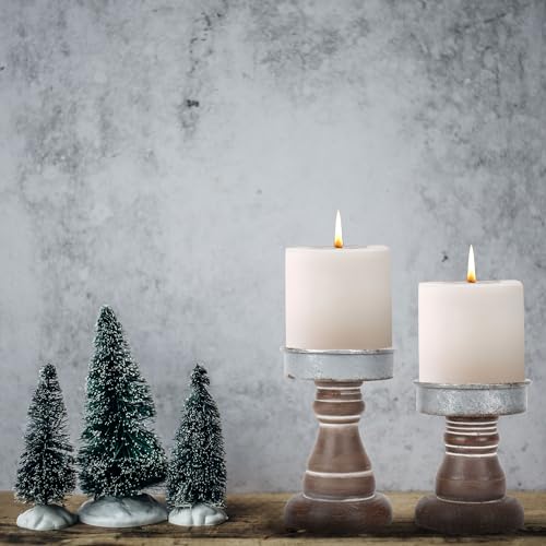 GenMous&Co. Decorative Candle Holders Pedestal Rustic Wood for Pillar Candle Farmhouse Candlestick Holder Galvanized Plate for Mantel, Dining Table, Centerpiece,Coffee Bar,Set of 2（Brown