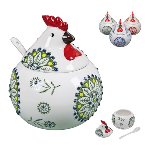 Ceramic Salt Cellar with Lid and Spoon, 13.5 oz Chicken Salt Jar for Countertop, Rooster Salt Holder for Salt, Sugar, Spices, Coffee, Farmhouse Kitchen Decor, Green - color: Green