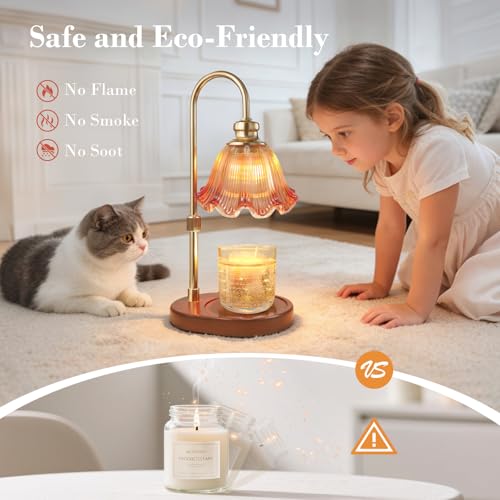 Banbanda Candle Warmer Lamp with Timer Dimmable: Birthday Gifts for Women, Safe Flameless Scent Lamp – Height Adjustable Candle Lamp, Walnut Solid Wood Base, with 2 Bulbs - color: Amber