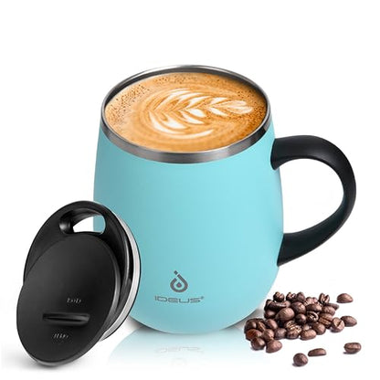 Ideus 16 oz Insulated Coffee Mug with Handle and Lid, Double Wall Stainless Steel Vacuum Thermal Coffee Mug, Travel Coffee Cup Thermal Cup for Home and Office (Sky Blue, FUJI DAWN) - color: Sky Blue