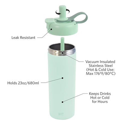 Glad Sip & Chug Insulated Water Bottle - Skinny Stainless Steel Tumbler with Straw and Chug Lid - Leak Resistant Double Walled Metal for Hot and Cold Drinks, 23oz, Green - color: Green