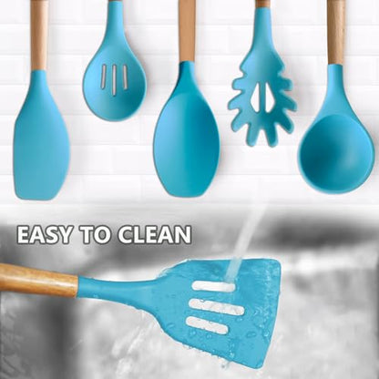 Kitchen Utensils Set 6-Piece Non-Stick Silicone Cooking Utensils Set, Wood Handle Heat Resistant Spatula Spoon Turner Ladle Pasta Server Cooking Kitchen Gadgets BPA Free for Nonstick Cookware - color: Light Blue, size: Standard 6-Piece Set