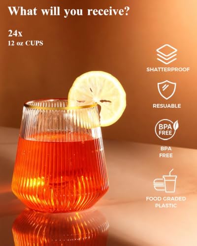 BESTSTAR 48Pack Gold Rim Disposable Ribbed Origami Ripple Plastic Glasses | 24 9 OZ Stemless Champagne Flutes & 24 12OZ Cups, BPA-Free Shatterproof Clear Drinkware for Weddings, Parties & Events - color: Clear Gold Rim Ribbed