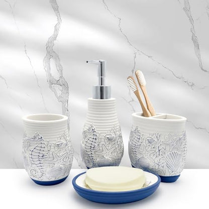 Beach Theme Bathroom Accessory Sets 4PCs Bathroom Set Complete Embossed Seashell Starfish Design Includes Lotion Dispenser Toothbrush Holder Tumbler Cup & Soal Dish - color: White With Blue, size: Soap Dish