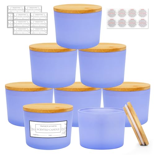 CONNOO 8 Pack 12 OZ Purple Glass Wide Mouth Candle Jars | Airtight Bamboo Lids, Sticky Warning Labels, Empty Container Bulk, Dishwasher Safe - color: Purple