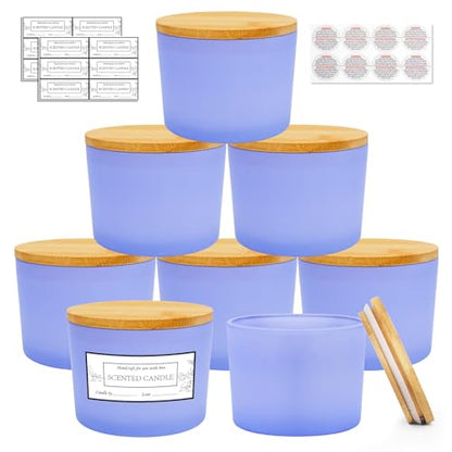 CONNOO 8 Pack 12 OZ Purple Glass Wide Mouth Candle Jars | Airtight Bamboo Lids, Sticky Warning Labels, Empty Container Bulk, Dishwasher Safe - color: Purple