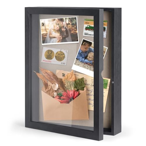 SZQINJI 11x14 Shadow Box Frame Memory Box with Glass Magnetic Door Black | Flower Shadow Box, Display Case with Linen Back for Memorabilia Awards Medals Photos Rustic Black Wall and Tabletop - color: Rustic Black, size: 11x14