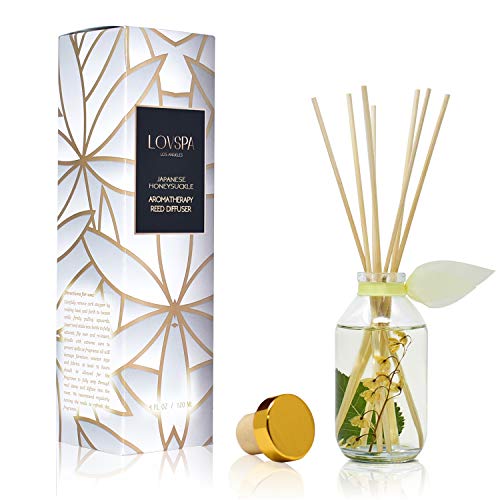 Reed Diffuser Set - Japanese Honeysuckle Scented Diffuser with Sticks | Home Fragrance Reed Diffuser for Bedroom, Bathroom Shelf Décor, with Real Florals in the Bottle - Made in the USA - color: Japanese Honeysuckle