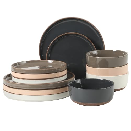 Gibson Elite Northrock Stoneware Dinnerware Set, 12-Piece Service for 4 Plates and Bowls Set – Assorted Colors Blue, White, Pink, Gray Dishes with Hand-Painted Terracotta Base - color: Assorted Colors (Northrock), size: Service for 4 (12pcs)