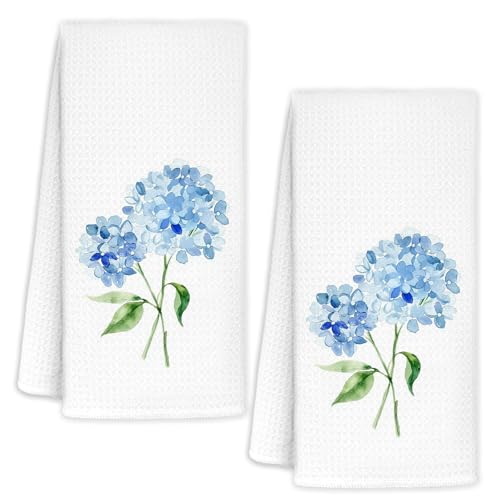 Rustic Spring Hydrangea Floral Kitchen Towels Set of 2, Blue Hydrangea Flower Decorative Dish Tea Towels for Kitchen, Spring Cottagecore Floral Hand Towels for Bathroom Decor, 16x24 Inch - color: Blue Hydrangea