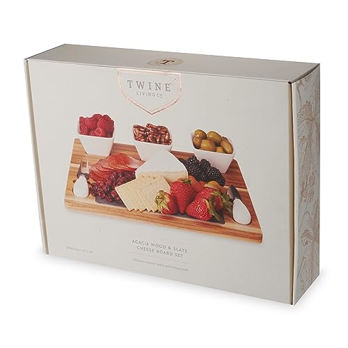 Twine Acacia & Slate Cheese Board Set - Charcuterie Board Bowls and Knives - Slate Cheese Tray Wood Cheese Board - 7-Piece Set of 1, Brown - style: Acacia & Slate Cheese Board