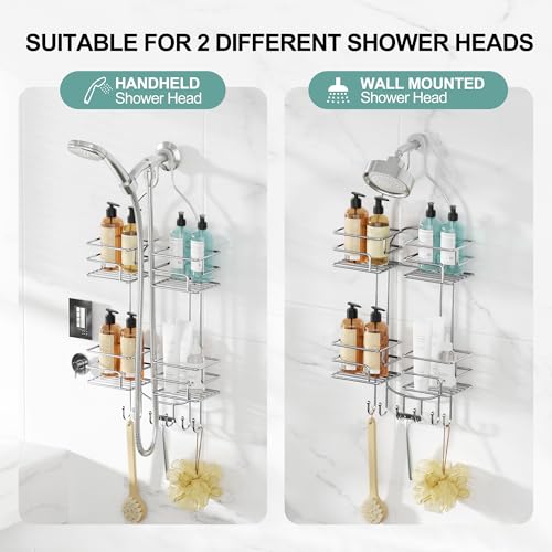 SRIWATANA Shower Caddy Hanging, Shower Organizer with Razor Hooks, Chrome | Rustproof Shower Rack, No Drilling Shelves Over Shower Head, Anti-Swing Scution Install, Bathroom Holder for Sponge Loofah - color: Chrome
