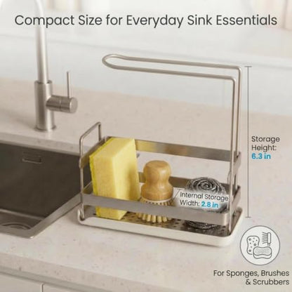 Kitchen Sink Caddy,Sponge Dish Brush Holder Brushed Nickel | Carbon Steel, Towel Rack & Removable Drain Tray, Sponge & Brush Organizer, Compact Sink Storage, Fits Standard Kitchen Sink