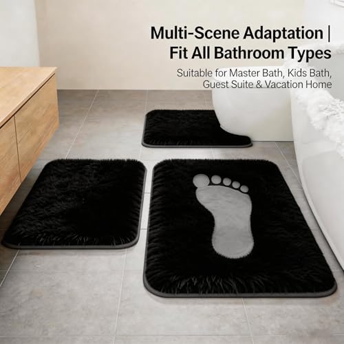 Bathroom Rugs Set Plush Velvet Bath Rugs Non-Slip Shaggy Bath Mat Set 3 Piece,Washable Mats,Absorbent Shaggy Rugs Super Soft U-Shaped Toilet Rug,Bahroom Carpets for Bathroom,Tub,Shower Black - color: Black