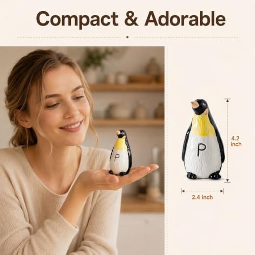 Ceramic Penguin Salt and Pepper Shakers Set Refillable Seasoning Dispensers | Set of 2 hand-painted ceramic penguin salt and pepper shakers with clear "S" and "P" labels and silicone stoppers.