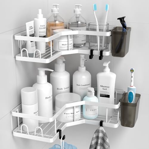 AKTECKE Shower Caddy Corner Organizer Shelf: 2Pack Adhesive Shower Essentials Accessories - No-Drilling Stainless Steel Bathroom Storage Rack with Hooks and Toothpaste Holder - color: white, size: 9.6"×9.6"×2.6"