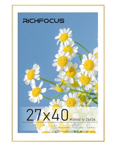 RICHFOCUS 27x40 inch Poster Frame Gold|27 x 40 Large Picture Frame Matted to 24x36|Metal Aluminum 40x27 Art Frame for Wall with Tempered Glass Wall Hooks Included, 1 Pack - color: Gold, size: 27x40-1P-Tempered Glass