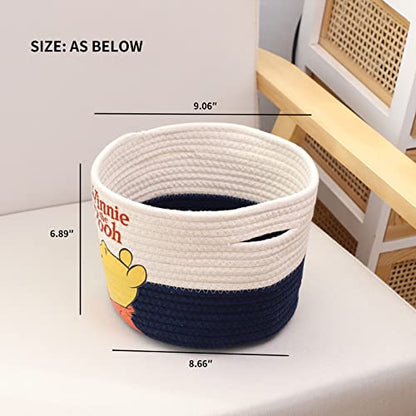 YAHUAN Small Cotton Rope Basket with Bear-Patterned Cotton Rope Storage Basket Collapsible Blanket Basket with Handles(blue white)