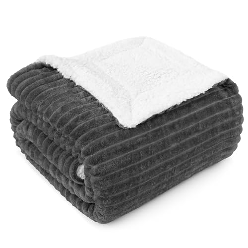 PAVILIA Gray Sherpa Fleece Throw Blanket for Couch Twin, Soft Plush Fuzzy Blankets, Fluffy Flannel Sherpa Blanket for Bed, Warm 3D Ribbed Winter Blanket Gift, 60x80 inches - color: Dark Grey, size: 60 x 80 Inches - Twin