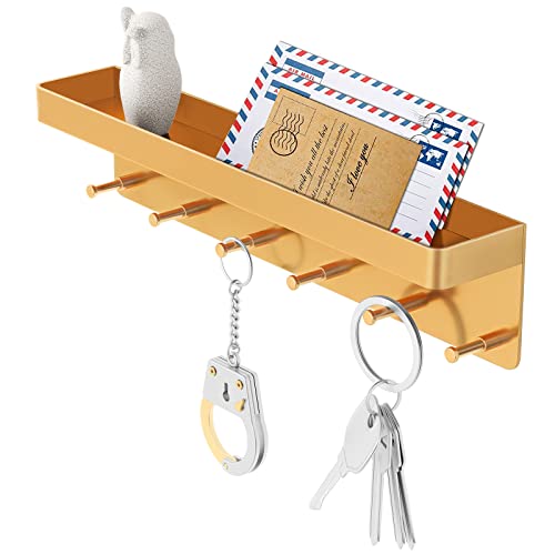 MKO Key Holder for Wall, Mail Organizer and Key Rack with Tray for Hallway, 6 Key Hooks Wall Mount Adhesive(Gold) | Metal Material, Key Rack with Shelf, Wall Mount, Mail Organizer Tray, Suitable for Entryway, Hallway, Living Room - color: Gold 1pcs