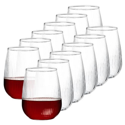 UMEIED Stemless Wine Glasses Set of 12, 17 oz Red White Wine Glasses | Clear Glassware Set for Red/White Wine Dishwasher Safe, Ideal for Daily Use Home Bar Birthdays Housewarming (Strip Texture) - color: Strip Texture