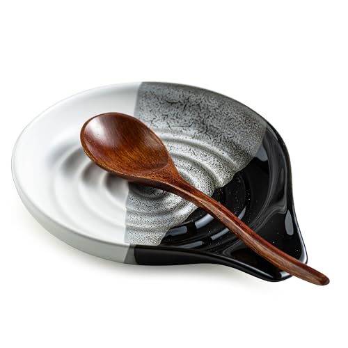Large Ceramic Spoon Rest for Stove Top and Kitchen Counter, No Mess | Heat-Resistant Spoon Holder for Cooking Utensils, Spatula and Ladles | Nonstick, Dishwasher Safe, Cute Design, Gradient Black - color: Gradient Black
