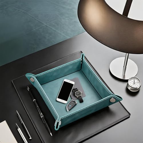 Valet Tray Desktop Storage Organizer – Vegan Leather Catchall Bedside Vanity Tray Nightstand Caddy Holder for Remote Controller, Watch, Keys, Phone, Wallet, Coin, Jewelry, Stone Green - color: Stone Green