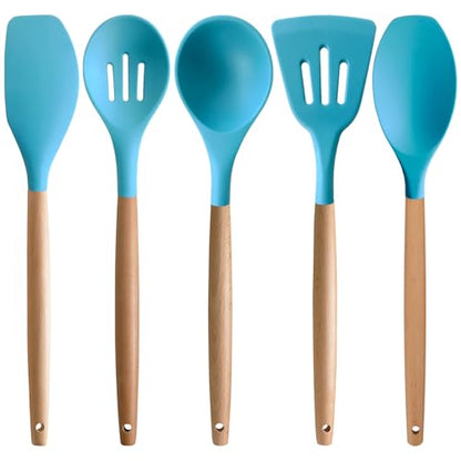 Silicone Kitchen Cooking Utensils Set, 5-Piece Non-Stick Silicone Kitchen Utensils Spatula Serving Spoons Turner Ladle Set w Wooden Handle Heat Resistant Cooking Gadgets for Nonstick Cookware - color: Light Blue, size: Standard 5-Piece Set