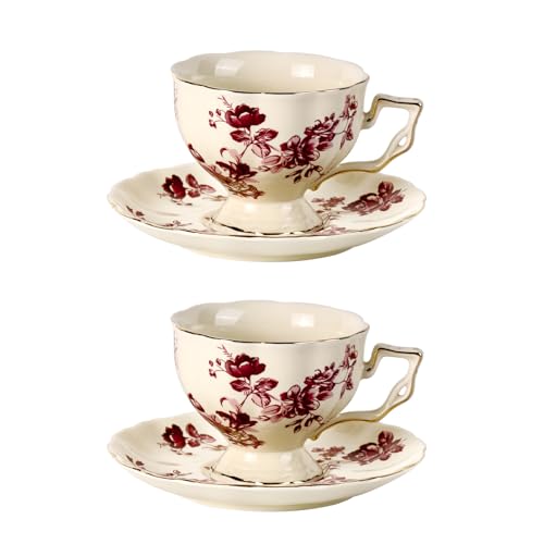 KAMMAK Tea Cups and Saucers Set of 2, 7 oz Porcelain Coffee Cups, 562N | Stackable Espresso Mugs, Ceramic Demitasse for Coffee, Cappuccino, Latte, Americano, Tea - size: 7KPSP562N