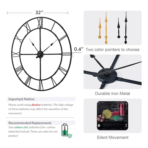 31.5 Inch Large Wall Clock for Living Room Decor – Easy-Assembly (KD) Silent Non-Ticking Modern Farmhouse Wall Clock, Oversized Decorative Metal Roman Numeral Clock