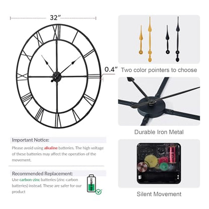 31.5 Inch Large Wall Clock for Living Room Decor – Easy-Assembly (KD) Silent Non-Ticking Modern Farmhouse Wall Clock, Oversized Decorative Metal Roman Numeral Clock