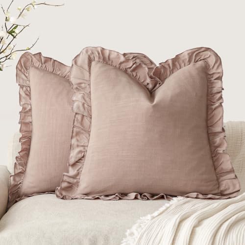Foindtower Set of 2 Decorative Linen Fringe Ruffle Throw Pillow Covers Soft Boho Farmhouse Cushion Cover Cozy Accent Retro Pillowcase for Couch Sofa Bed Living Room Home Decor,20×20 Inch,Coral Pink - color: Coral Pink, size: 20" x 20" (Pack of 2)