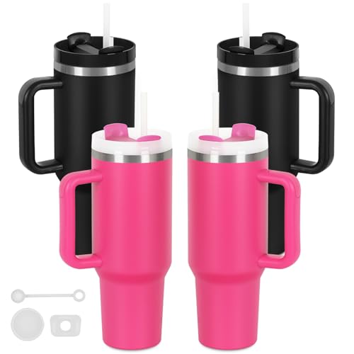 4 Pack 40 Oz Tumblers with Handle Bulk, Double Wall Vacuum Insulated Stainless Steel Tumblers with Lid and Straw, 40 oz Cup with Silicone Spill Proof Stopper Set (Black-2,Hot Pink-2) - color: Black-2,Hot Pink-2