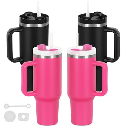 4 Pack 40 Oz Tumblers with Handle Bulk, Double Wall Vacuum Insulated Stainless Steel Tumblers with Lid and Straw, 40 oz Cup with Silicone Spill Proof Stopper Set (Black-2,Hot Pink-2) - color: Black-2,Hot Pink-2