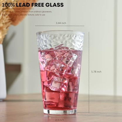 ALINK 16 oz Drinking Glasses, Set of 6 Hammered Glass Cups, Clear Heavy Base Stemmed Highball Water Glasses for Beer, Iced Coffee Cups, Cocktail Glasses, Wine, Iced Tea, Dishwasher Safe - style: Hammered