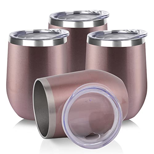 DOMICARE Stainless Steel Wine Tumbler Bulk with Lid, Personalized Rose Gold Insulated Tumblers Set, 12oz Travel Coffee Cups Pack of 4 - color: Rose Gold, size: 4 Count (Pack of 1)