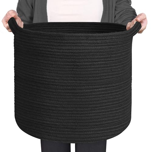Large Black Storage Basket, 16" x 14" Cotton Rope Baskets for Storage, Blanket Storage Living Room, Big Woven Laundry Basket, Dog Kids Toy Box Organizer, Round Floor Shoe Towel Bin - color: Black