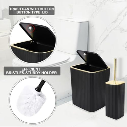 XLHOMO Bathroom Accessories Set - Gorgeous Black Bathroom Set, 10PC Bathroom Accessory Set, Toilet Brush, Trash Can, Qtip Holder & Soap Dispenser - size: Bath Set, style: Black&Gold