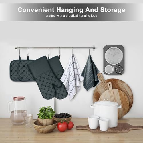 Oven Mitts Kitchen Towels Dishcloths with Pot Holders Sets 12PCS,Dish Towels Sets,Oven Gloves Pot Pads Heat Resistant 500 Degrees with Non-Slip Silicone Surface for Cooking Baking Grilling-Deep Green - color: Deep Green