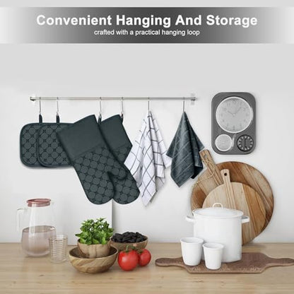 Oven Mitts Kitchen Towels Dishcloths with Pot Holders Sets 12PCS,Dish Towels Sets,Oven Gloves Pot Pads Heat Resistant 500 Degrees with Non-Slip Silicone Surface for Cooking Baking Grilling-Deep Green - color: Deep Green