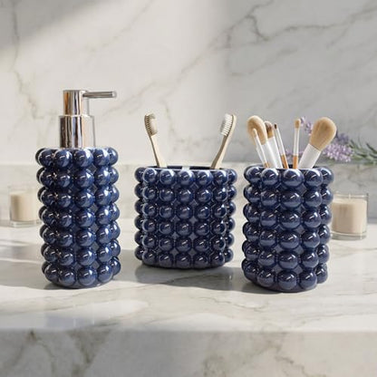 Better Trends Bathroom Accessories Set 3 Pieces Resin Bubble Textured Soap Dispenser, Toothbrush Holder & Tumbler for Vanity, Kitchen Sink & Countertop Organization Navy Nova Collection - color: Navy