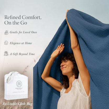 Threadmill Luxury Cotton Blankets for Twin Size Bed | All-Season 100% Cotton Twin Blanket for Bed | Herringbone Soft & Cozy Fall Thermal Blanket, 350GSM, 68x92 inches | Folkstone Blue | 100% Cotton, Herringbone Pattern, 350 GSM, 68x92 in, Breathable, All-