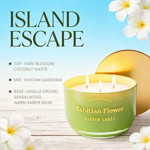 Hidden Label Tahitian Flower Candle, 18oz 3 Wick, 70H Tropical | Sage Green Glass Bowl | Mirror Gold Lid | Exotic Floral Scent | Non Toxic Soy Wax - color: Tahitian Flower