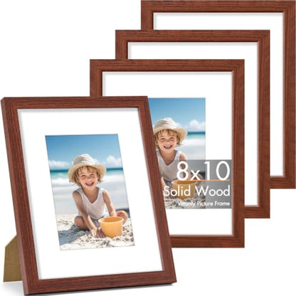 Vittanly Solid Wood 8x10 Picture Frames Set of 4, Brown | 5x7 Picture Frame with Mat, Gallery Wall Frame Set, 8 x 10 Frame for Wall & Tabletop Display, Family, Pet, Christmas - color: Brown, size: 8x10