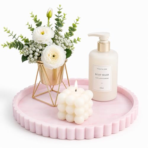 Silicone Bathroom Tray with Scalloped Edge, 11.9 Inch Round Large Vanity Tray for Bathroom Countertop, Non-Slip Elegant Sink Organizer Tray for Toiletries & Jewelry, Marble White Pink - color: Marble White Pink, size: 11.9"